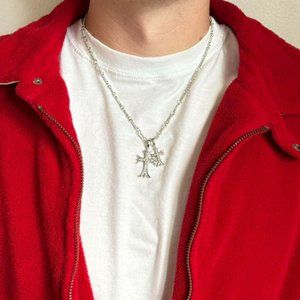 Vintage Y2K-style Double Cross Silver Necklace Rhinestone Crystal Cross